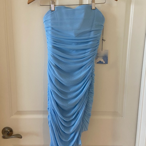 MAJORELLE Dresses & Skirts - Majorelle Revolve White Strapless Ruched Asymetrical Ursula Dress Sz Medium Blue